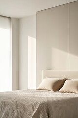 Fototapeta premium Minimalist bedroom design features soft bedding and natural ligh