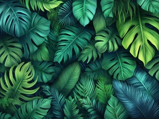 Vibrant green tropical leaves background.