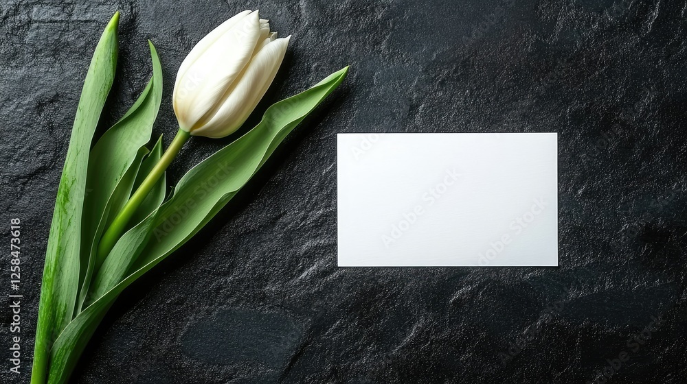 Poster elegant white tulip and blank card arranged on dark textured surface for minimalist display or artis