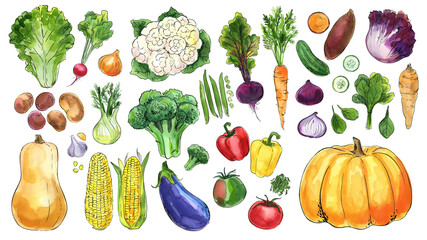 Vegetables in watercolor on a white background. Watercolor, ink. Farm products. Healthy eating.
