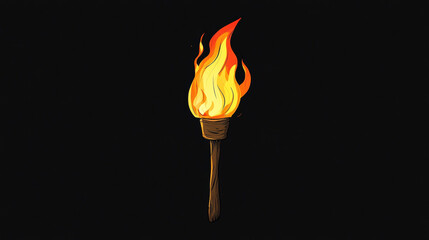 Torch fire set isolated on black background. Vector cartoon illustration of bright flame burning on wooden handle, ancient lantern for medieval palace, dungeon or cave illumination, castle torchlight
