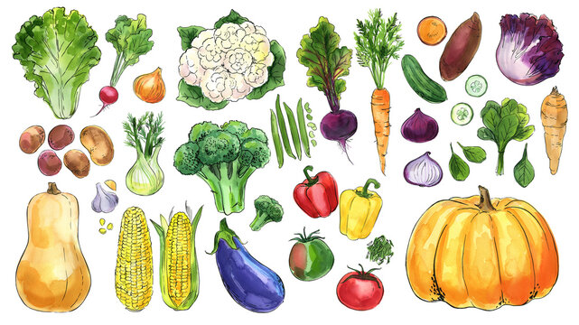 Vegetables in watercolor on a white background. Watercolor, ink. Farm products. Healthy eating.