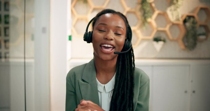 Black woman, face and waving on video call in office, agent and hotline representative for service. Portrait, communication and customer care at agency, virtual conference and help desk operator