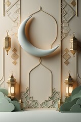 Elegant Islamic Lantern Decor for Modern Interiors, Stunning wall with lanterns and crescent moon, perfect for creating a serene ambiance in homes or events.