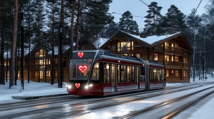 Fototapeta premium A beautifully lit tram glides through a serene, snowy forest, passing charming wooden cabins, all aglow during twilight