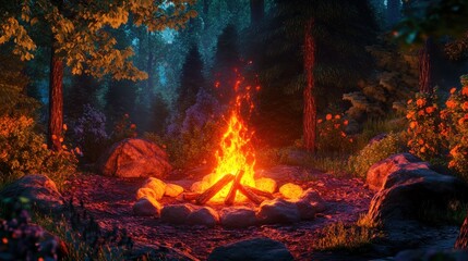 Enchanted Forest Night: Campfire's Warm Glow