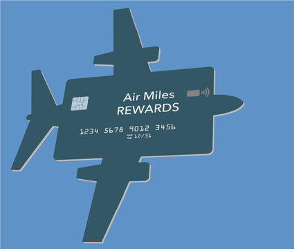Here is a air miles reward credit card shaped llike an airplane in a 3-d illustration.
