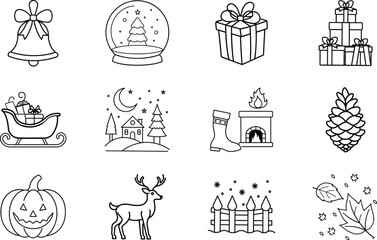 Christmas, Winter, Holiday Icons Festive Line Art Collection