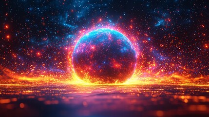 Obraz premium A vibrant cosmic scene depicting a glowing planet emerging from a fiery ocean of stars