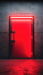 A striking red door illuminated by neon lights against a dark, textured wall, creating a mysterious and dramatic atmosphere.