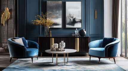 Elegant Blue Velvet Armchairs in a Luxurious Living Room