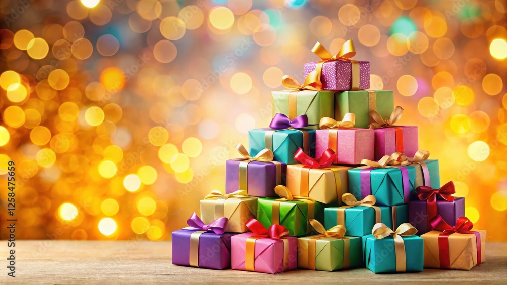 Poster a festive pyramid of colorful wrapped gifts on wooden surface with a sparkling bokeh background