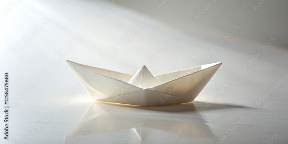 Aufkleber a simple white origami boat floats serenely on a reflective surface, illuminated by a soft, diffused