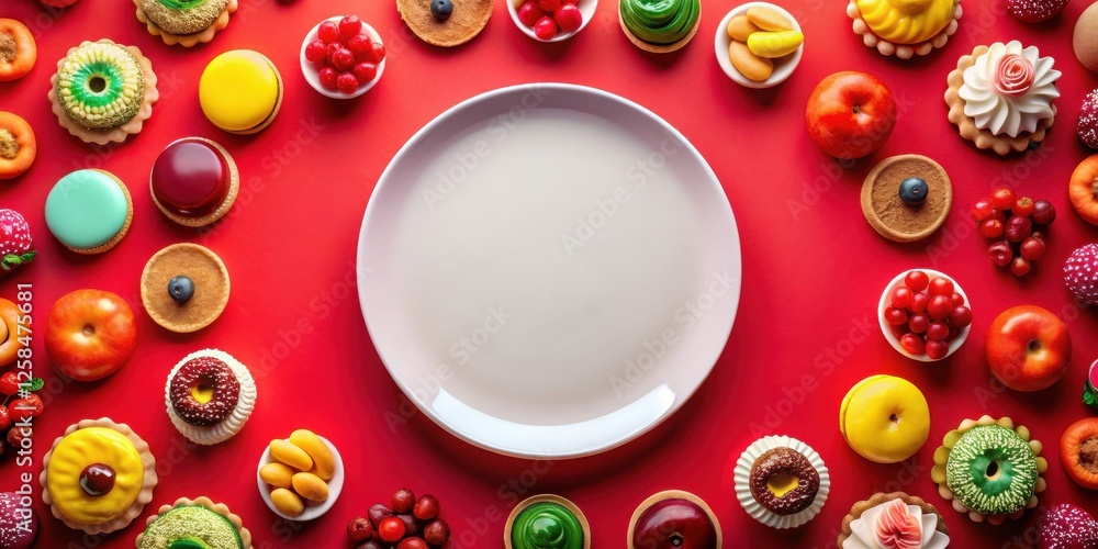 Poster a vibrant arrangement of colorful pastries and fruit surrounding an empty plate on a red background.