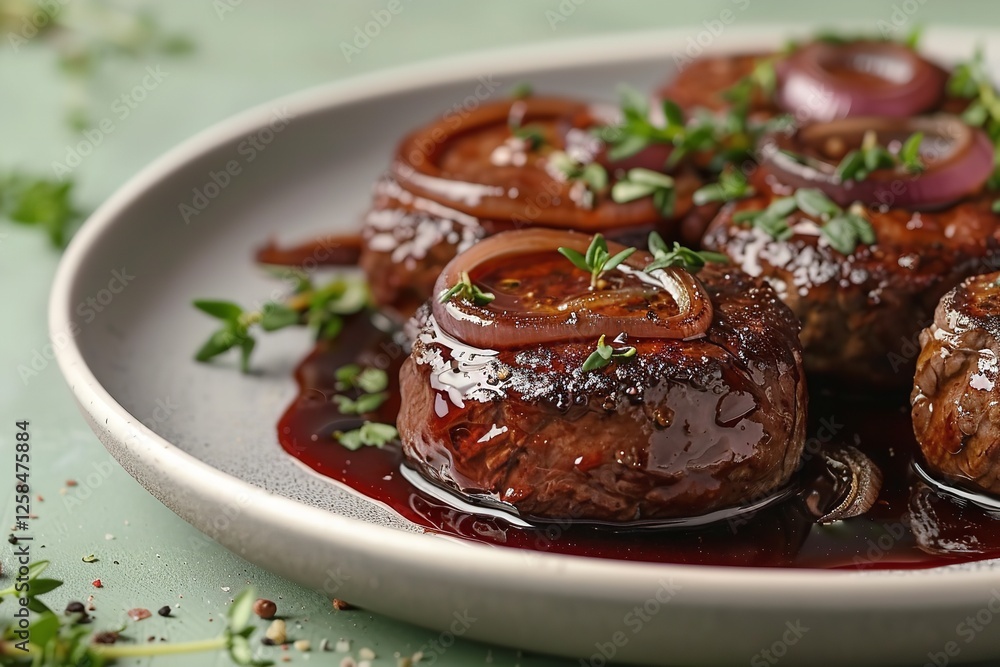 Poster over a pale green setting an in-depth of soft beef patties grilled in red wine cuts with caramelized