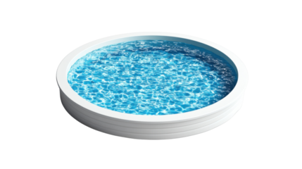 Round inflatable swimming pool filled with clear blue water on transparent background