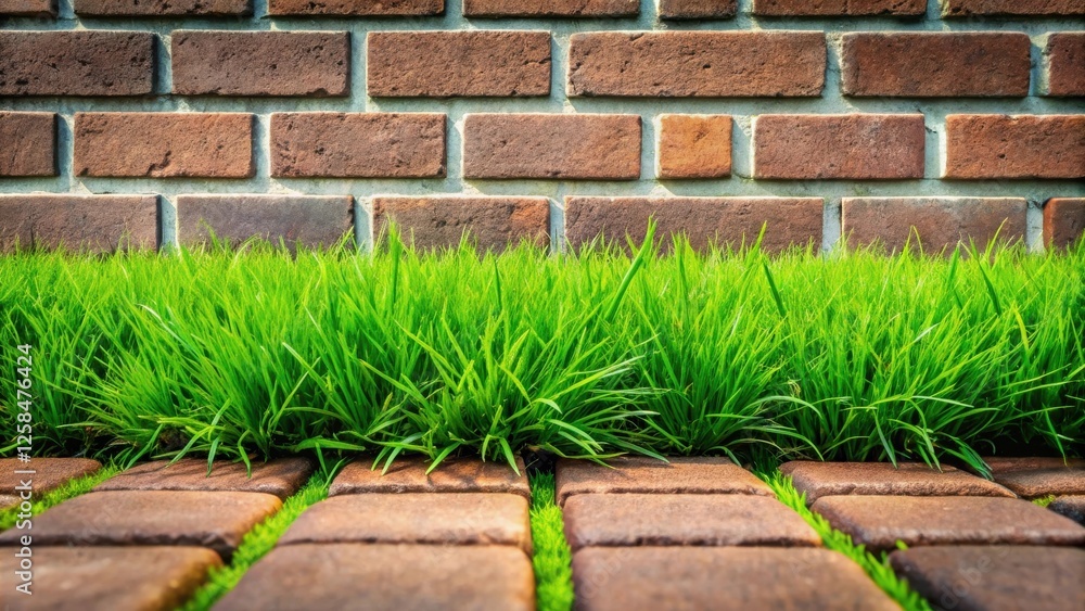 Poster lush green grass thrives at the base of a rustic brick wall, creating a vibrant contrast between nat