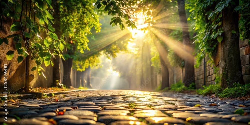 Aufkleber sunlit cobblestone lane a serene morning stroll through a tree-lined path