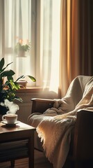 Cozy living space with a steaming cup of tea beside a warm blanket and sunlight streaming in.