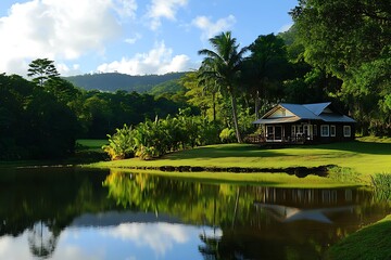 Obraz premium A serene landscape featuring an Indigenous elder's home surrounded by nature, reflecting a harmonious lifestyle