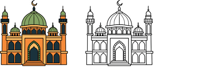Beautiful Islamic Mosque with Minarets in Color and Black and White for Ramadan Coloring Books