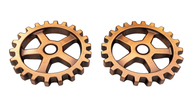 two brown gear wheels 3d render icon isolated on white background