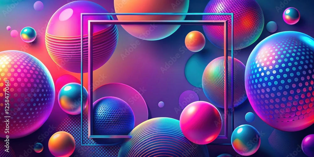 Poster vibrant abstract composition featuring geometric spheres and a bold frame