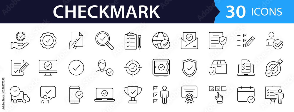Poster Check mark set of web icons in line style. Approve icons for web and mobile app. Approve, check marks, ticks, inspector, quality check, approved icons and more. Vector illustration