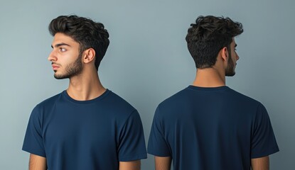 A man in a navy blue t-shirt, front and back view mockup on a grey background.
