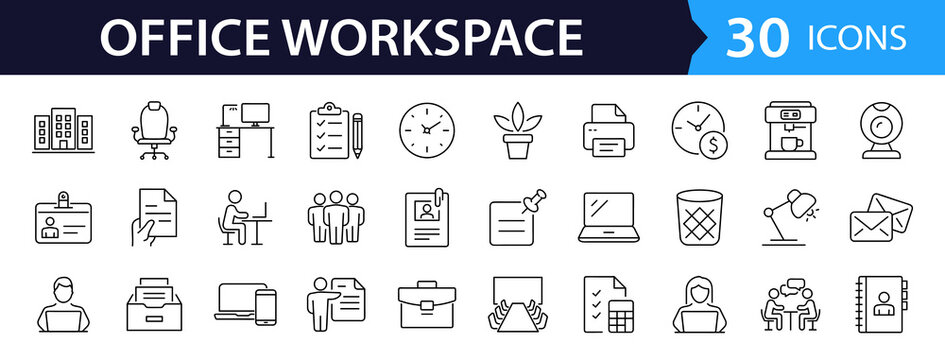 Office workspace set of web icons in line style. Office and coworking icons for web and mobile app. Office, remote working, meeting, co-worker, workspace, desk, computer, business icons and more