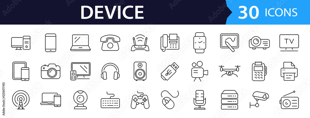 Poster devices set of web icons in line style. electronic devices and gadgets icons for web and mobile app.