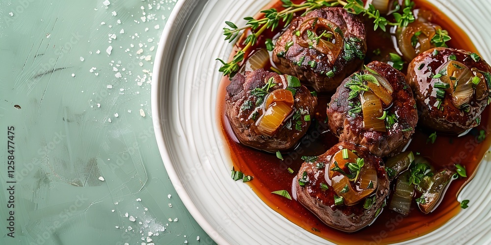 Poster over a pale green setting an in-depth of soft beef patties grilled in red wine cuts with caramelized