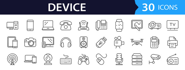 Devices set of web icons in line style. Electronic devices and gadgets icons for web and mobile app. Smart devices, technology, computer monitor, smartphone, tablet, laptop, drone. Vector illustration
