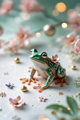 Naklejka premium Whimsical Green Ceramic Frog with Flowers on White Surface and Festive Ornaments