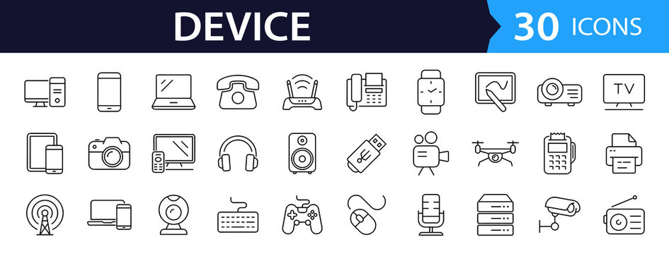 Devices set of web icons in line style. Electronic devices and gadgets icons for web and mobile app. Smart devices, technology, computer monitor, smartphone, tablet, laptop, drone. Vector illustration