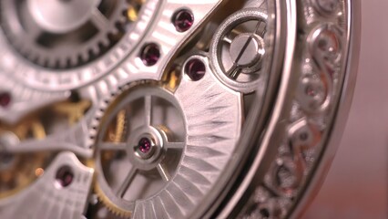 Close up of a high end mechanical watch with intri
