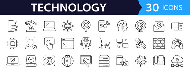 Technology set of web icons in line style. Information technology signs for web and mobile app. IT network system, 5g, communication, computer, chip, web design, software, data center, device, ai.