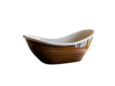 A sleek, modern bowl featuring a smooth white interior and a rich wooden exterior design, Isolated on white background.