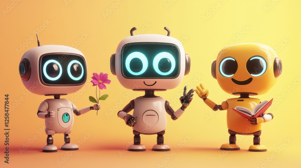 Poster set of cute robot characters isolated on background. vector cartoon illustration of funny smart bot 