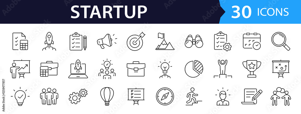 Poster Start up set of web icons in line style. Business startup icons for web and mobile app. Startup project, development, creative idea, target, innovation, marketing, launch business, strategy and more