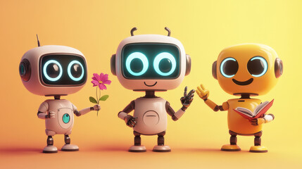 Fototapeta premium Set of cute robot characters isolated on background. Vector cartoon illustration of funny smart bot mascots with led eyes and smile on screen face, holding flower, showing victory sign, reading book