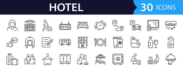 Hotel set of web icons in line style. Hotel and vacation icons for web and mobile app. Hotel services, recreational rest, relax, travel. Vector illustration