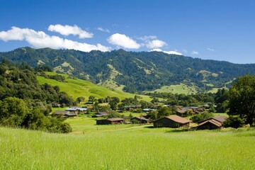 Obraz premium A picturesque rural landscape with lush green fields, scattered houses, and majestic mountains under a clear blue sky.