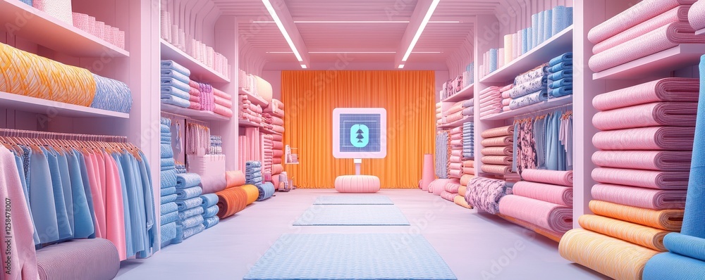 Poster a vibrant, modern store interior showcasing neatly stacked colorful towels and a central display, cr