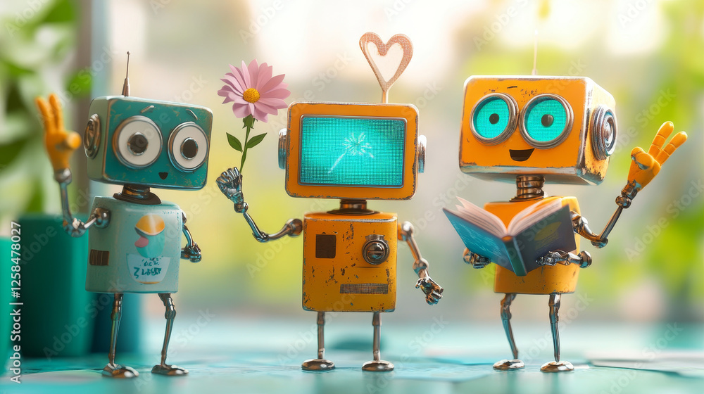Poster set of cute robot characters isolated on background. vector cartoon illustration of funny smart bot 