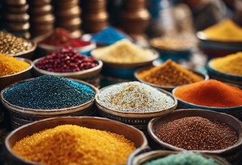 Colorful spices and grains at a market stall.