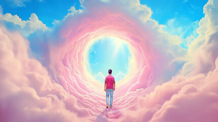 Celestial Gateway: A lone figure stands before a breathtaking circular portal amidst a sea of pastel pink clouds, bathed in ethereal light.  The scene evokes a sense of wonder, possibility.