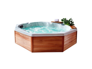 A luxurious octagonal hot tub with bubbling water and a wooden exterior, Isolated on white background.
