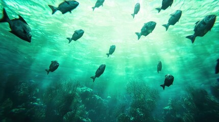 Fototapeta premium Underwater Scene with Schools of Fish Swimming in Clear Ocean Water