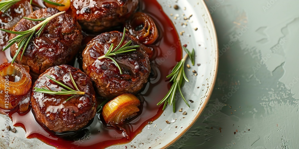 Poster over a pale green setting an in-depth of soft beef patties grilled in red wine cuts with caramelized